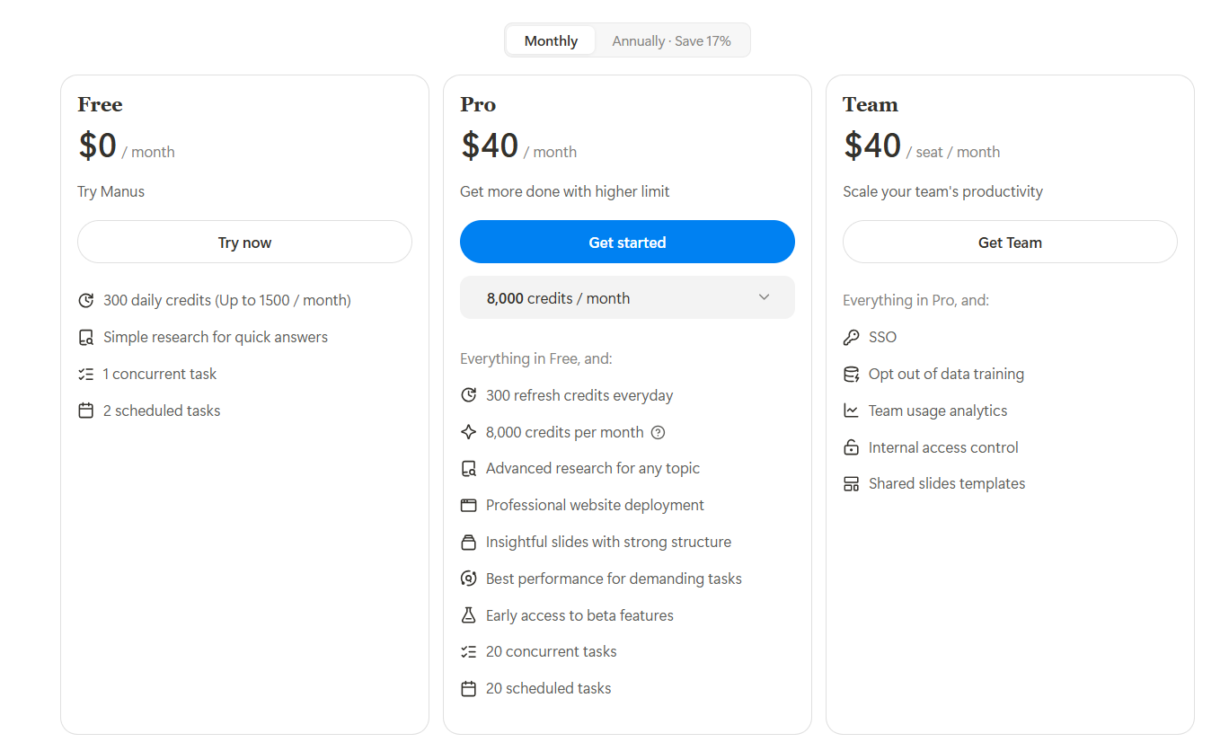 Manus AI pricing showing Free, Pro, and Team Rates comparing daily credits and features